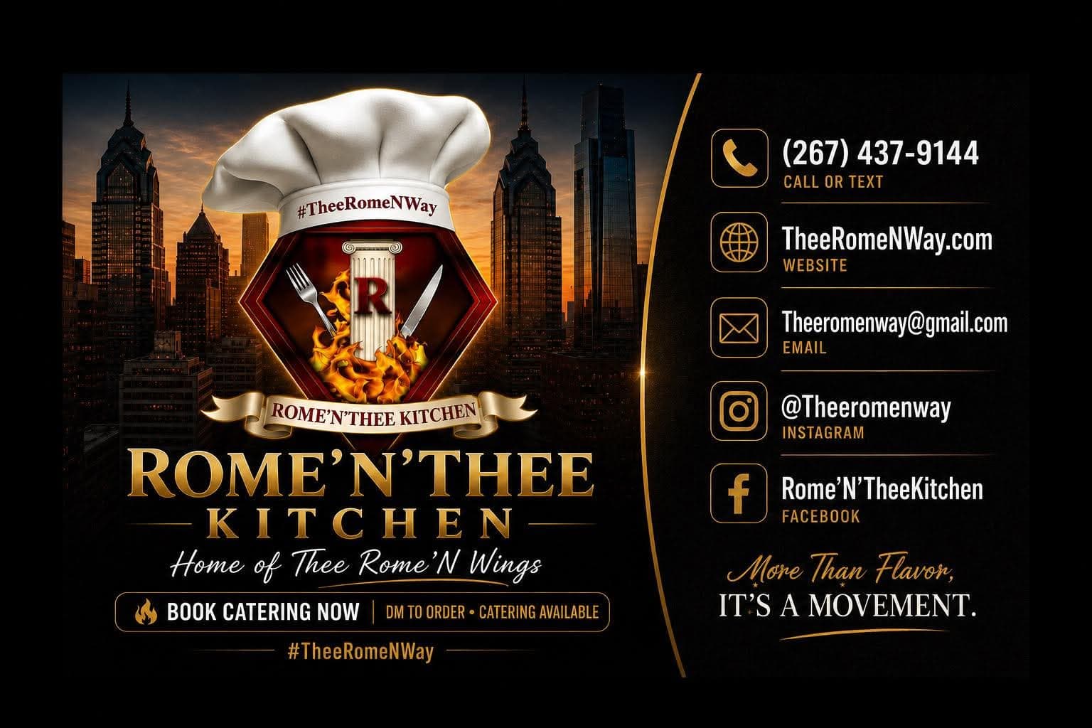 Rome'N'Thee Kitchen — book catering, contact info, and social links